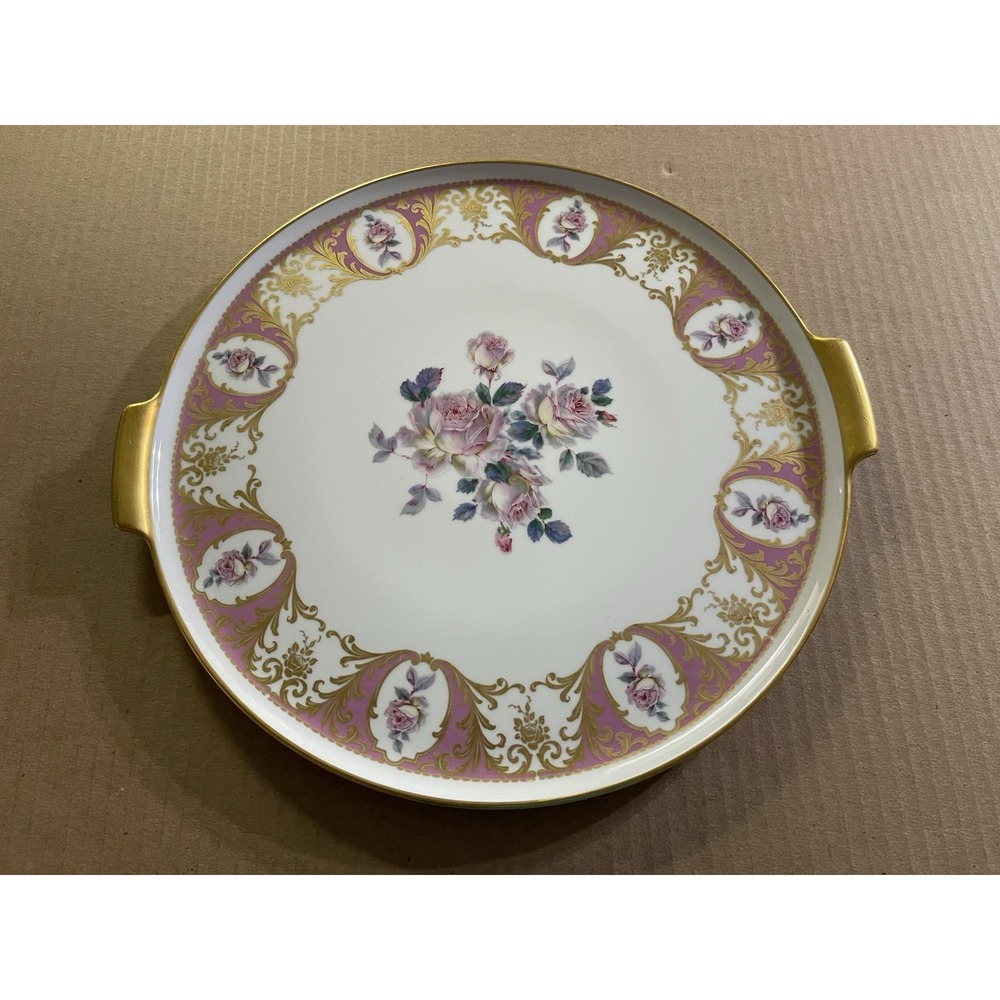 Kaiser Porcelain W. Germany 13.75″‎ Handled Charger/Tray – Pink Roses, Gold Trim